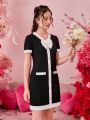 Teenage Girls' Colorblock Button Detail Bowknot Decor Dress With Rolled Hem