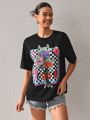 Spagnelli Butterfly & Checker Print Drop Shoulder Tee