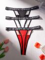 3pcs Ladies' Letter Print Ribbon & Mesh Splice Thong Panties