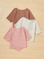 SHEIN Kids FANZEY Tween Girl 3pcs Ruched Front Raglan Sleeve Hanky Hem Tee