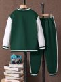 2pcs/Set Teenage Boys' Contrast Color Sports Baseball Jacket And Pants Outfit