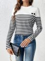 SHEIN Frenchy Striped Print Heart Embroidery Tee