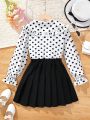 SHEIN Girls' Polka Dot Woven Doll Collar Casual Shirt And Woven Solid Color Pleated Skirt Two-piece Set