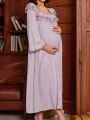 Maternity Butterfly Embroidery Mesh Gauze Ruffled Hem Decorated Bell Sleeve Jacquard Nightgown