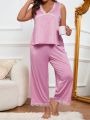 Women's Plus Size Lace Trimmed Cute Camisole And Long Pants Pajama Set