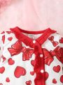 2pcs Baby Girls' Spring/Autumn Heart & Bowknot Printed Ruffle Collar Long Sleeve Jumpsuit With Headband