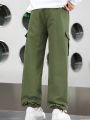 SHEIN Kids SUNSHNE Boys' Letter Print Camo Green Cargo Pants, Size Xl