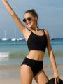 Solid Texture Swimsuit Set For Teen Girls