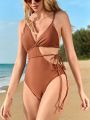 SHEIN Swim BAE Women's Solid Color Hollow Out One Piece Swimsuit For The Waist