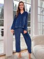 Solid Button Front Flannelette Drop Shoulder Lounge Set