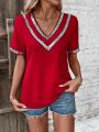 Color Block Shiny Sequin Decorated V-Neck Short Sleeve Blouse