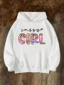 Tween Girl Letter Graphic Hooded Thermal Lined Sweatshirt