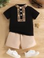 Baby Boy Weave Ribbon Design Patchwork Top & Solid Color Shorts Set