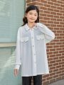 SHEIN Kids EVRYDAY Girls' Casual Loose Knit Solid Color T-shirt With Faux Pocket