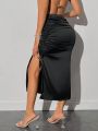 SHEIN ICON Ladies' Solid Black Pleated Design Long Skirt