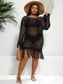 SHEIN Swim BohoFeel 1pc Plus Size Knitted Cover Up Dress With Fringe Decoration And Hollow Out Design