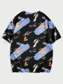 SHEIN Men's Loose Fit Knitted Leisure Round Collar Short Sleeve T-Shirt With Teddy Bear & Letter Print