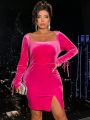 SHEIN SXY Plus Size Women's Solid Color Long Sleeve Dress