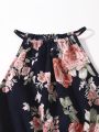 SHEIN Teen Girls Floral Print Knot Waist Halter Romper