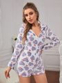 Heart Print 3D Ear Design Hooded Zipper Front Flannel Romper