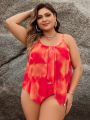 SHEIN Swim Classy Plus Size Tie Dye Asymmetric Hem Cami Top And Triangle Bottom Two Piece Swimsuit Set