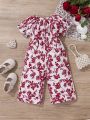 SHEIN Baby Girl Casual Butterfly Bowknot & Botanical Print Short Sleeve Romper