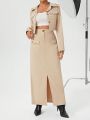 SHEIN Essnce Women'S Lapel Collar Coat & Slit Hem Skirt Two Piece Set