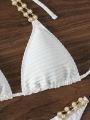 Triangle Bikini Set With Pearls And Rhinestone Decoration