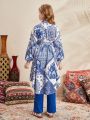 SHEIN Kids Nujoom Loose And Casual Geometric And Floral Patterned Long Shirt And Pants Two-Piece Set For Tween Girls