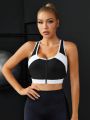 Two Tone Zip Up Crisscross Back Sports Bra