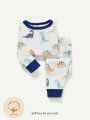 Cozy Cub Baby Boys' Cartoon Dinosaur Printed Color Block Round Neck Pullover Long-sleeve Top And Pants Set