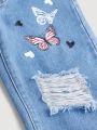 SHEIN Toddler Girls' Elastic Waist Butterfly Patterned Denim Pants
