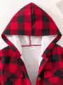 SHEIN Kids EVRYDAY Boys' Casual Plaid Hooded Fleece Jacket, For Big Kids