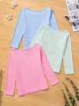 Young Girl Solid Color Round Neck Long Sleeve T-Shirt