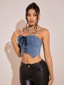 Lace Up Front Asymmetrical Hem Denim Top