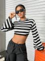 SHEIN Coolane Crop Distressed Sweater With Stripes