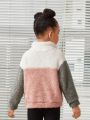 SHEIN Kids Cooltwn Toddler Girls' Warm Winter Casual Knitted Sweater With Double-sided Velvet Splice & Color Block