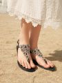 Styleloop Women's Fashionable Comfortable Flat Sandals With Rhinestone Detailing,Korean Women's Casual Flat Slippers, Open Toe Design, Suitable For Summer And Autumn, Roman Style, Fashionable Women To Wear With Dresses, Suitable For Outdoor