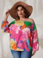 SHEIN VCAY Plus Size Flower Pattern Irregular Collar Lantern Sleeve Shirt