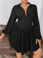 Women's Plus Size Lantern Sleeve V-neck Belted Dress