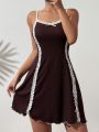 Contrast Lace Bow Front Lettuce Trim Cami Nightdress