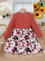 SHEIN Kids Nujoom Little Girls' Casual Round Neck Long Sleeve A-line Dress With Letter & Floral Print And Waist Tie, Spring & Autumn