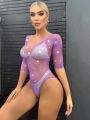 Rhinestone Studded Fishnet Teddy Bodysuit Without Liner