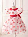 Little Girls' Love Heart Printed Mesh Splice Collar Bubble Sleeve Formal Dress