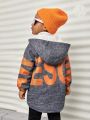 SHEIN Young Boy Letter Graphic Drop Shoulder Hooded Thermal Lined Coat