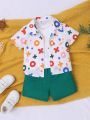 SHEIN Baby Boy Cute Symbol Pattern Short Sleeve Shirt Solid Color Shorts Set