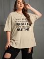 Plus Size Loose Fit Short Sleeve T-shirt With Slogan Print And Drop Shoulder Design