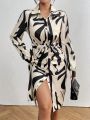 SHEIN LUNE Full-sleeved Long Dress With Printed Design & Button-front Closure