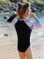 Little Girls' Tropical Print Patchwork Long Sleeve One-Piece Swimwear With Front Zipper
