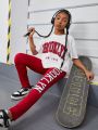 SHEIN Teenage Girls' Round Neck Knit Pullover T-Shirt And Skinny Knit Trousers For Daily Casual Outfits